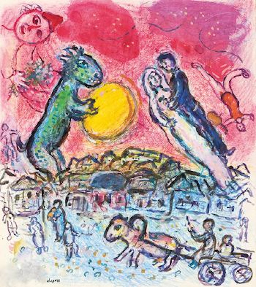 Les fiancés dans le ciel rouge de Sils by Marc Chagall