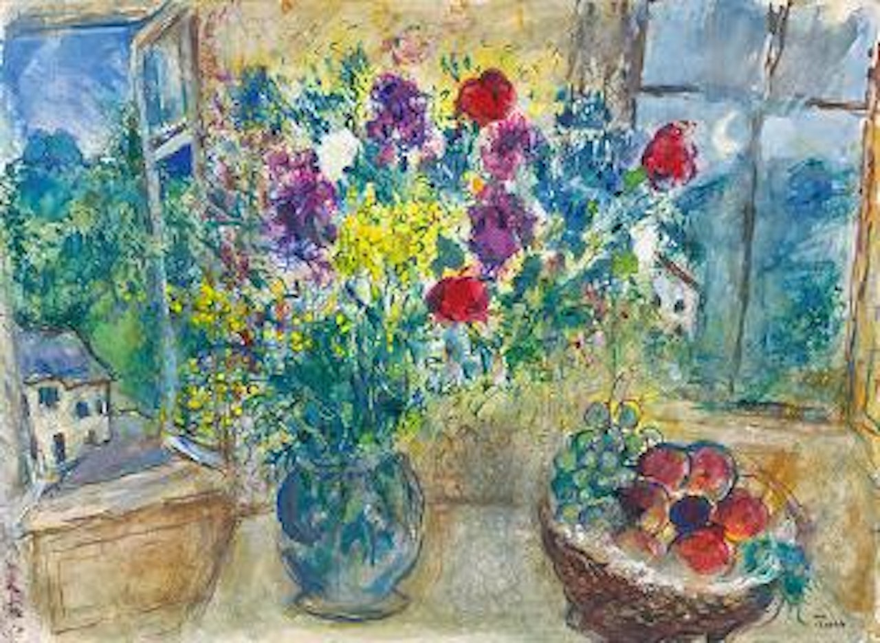 Deux bouquets entre deux fenêtres by Marc Chagall