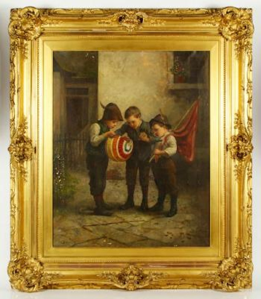 Portrait of three young children with a flag by John George Brown