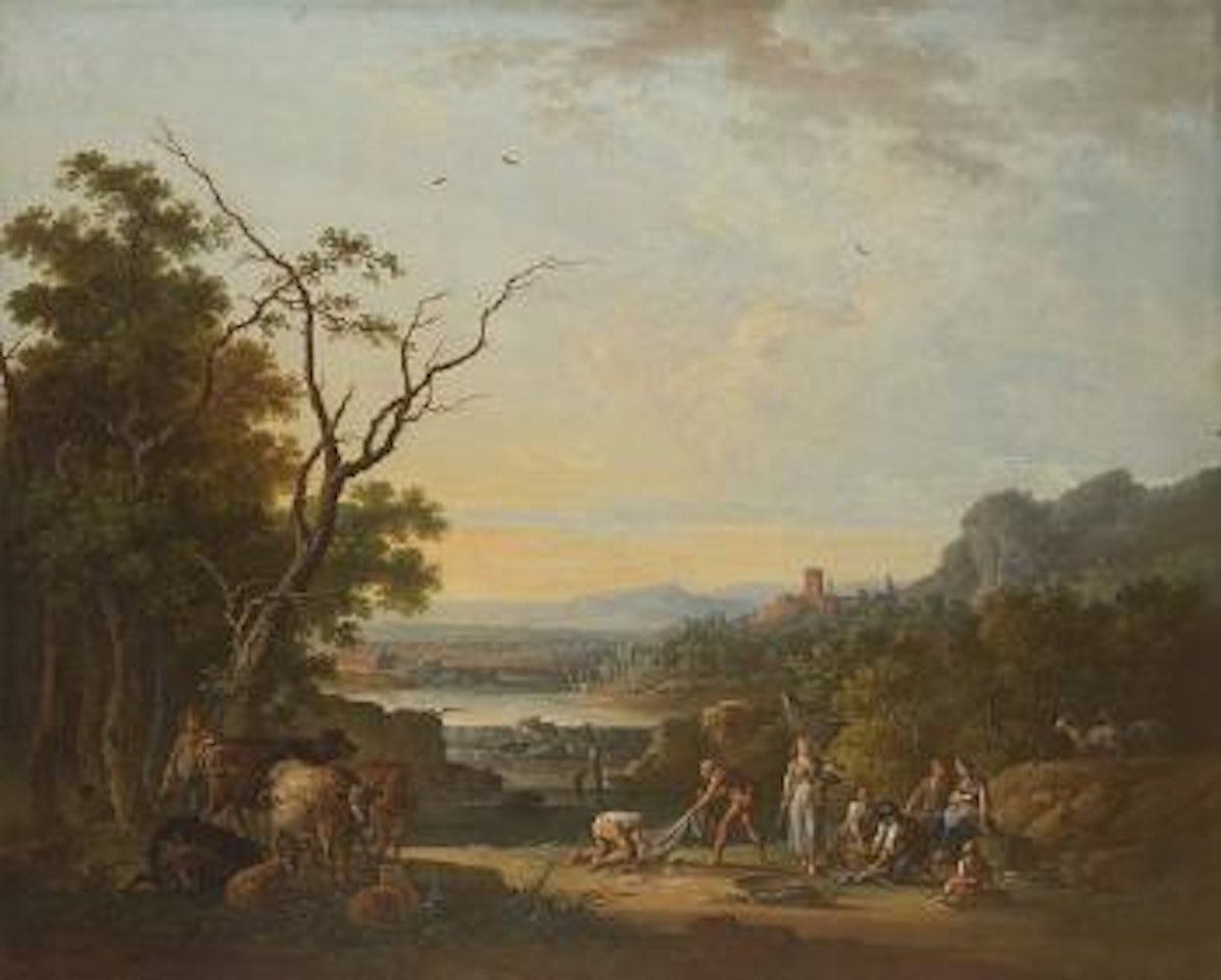 Pastori e pescatori in un paesaggio fluviale by French School