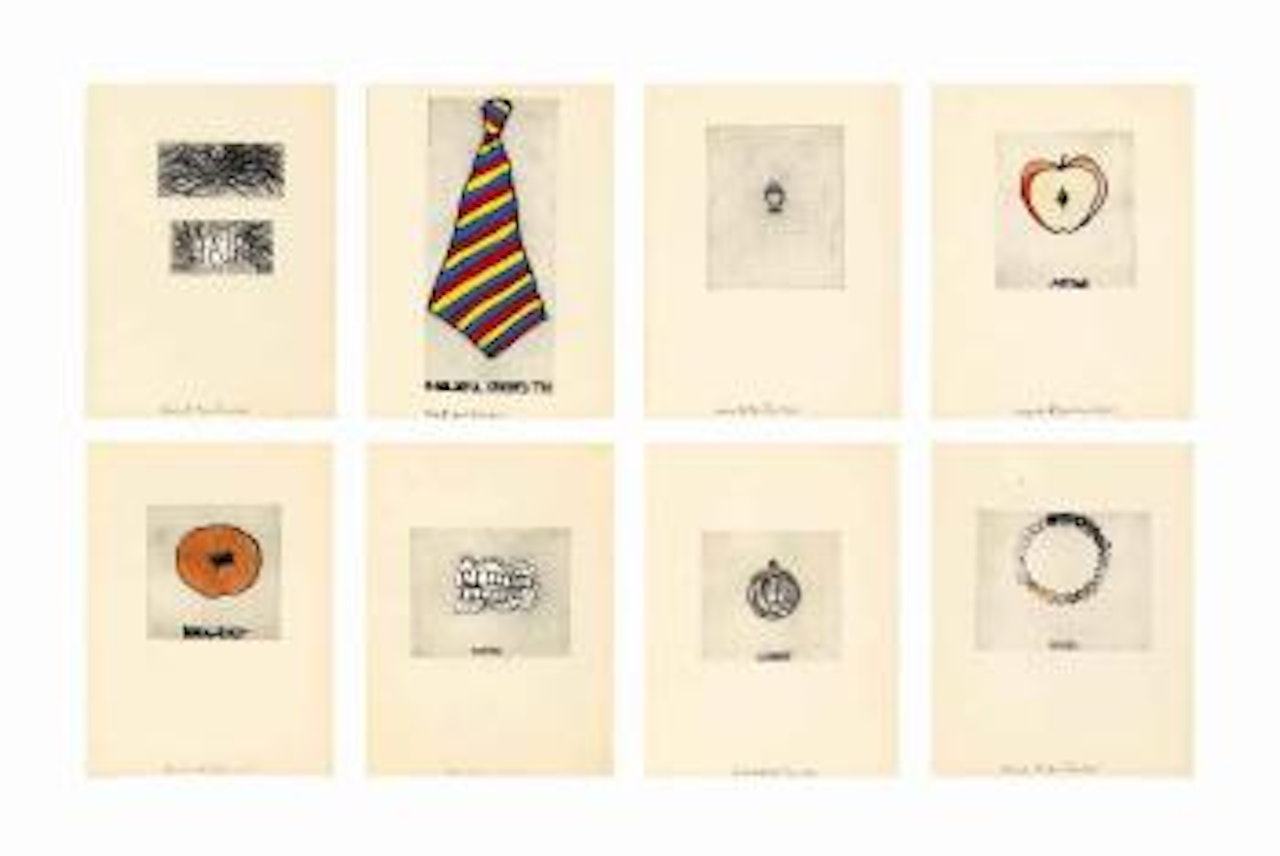 Ring; Beads; Teeth; Tie; Doughtnut; Zipper; Hair; Tweed; Locket, and Apple by Jim Dine