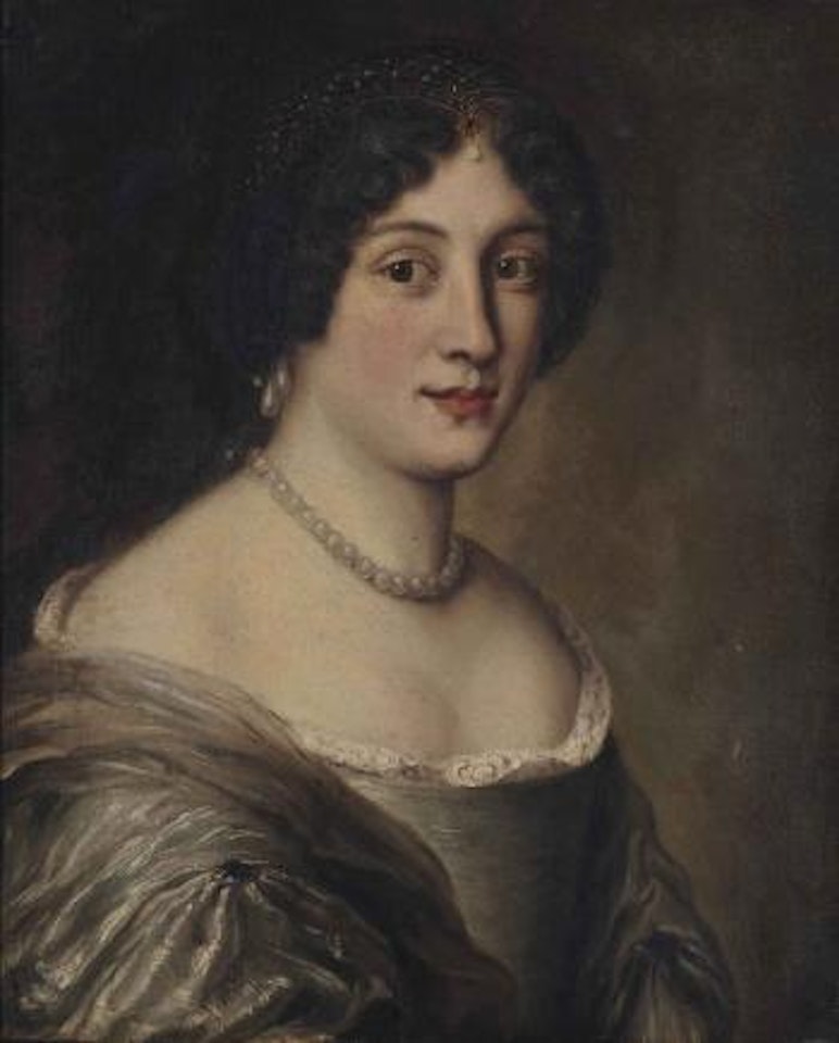 Portrait of Erminia Santacroce Lancellotti (1647-1706), bust-length, in a lace-trimmed oyster Dress with Pearl Earrings and Necklace, and a bejewelled head-dress by Jacob Ferdinand Voet