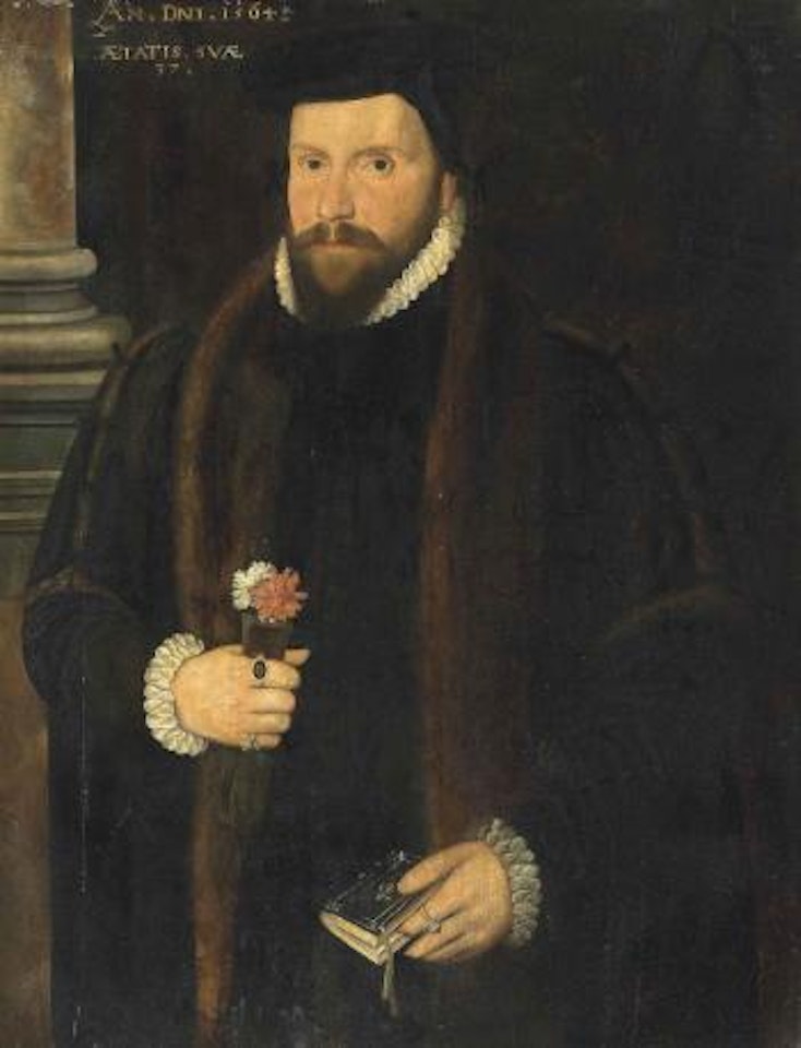 Portrait of a Gentleman, half-length, in a fur-trimmed Coat with a Ruff and Cuffs, a Book in his left Hand and Carnations in his right Hand, by a column by English School