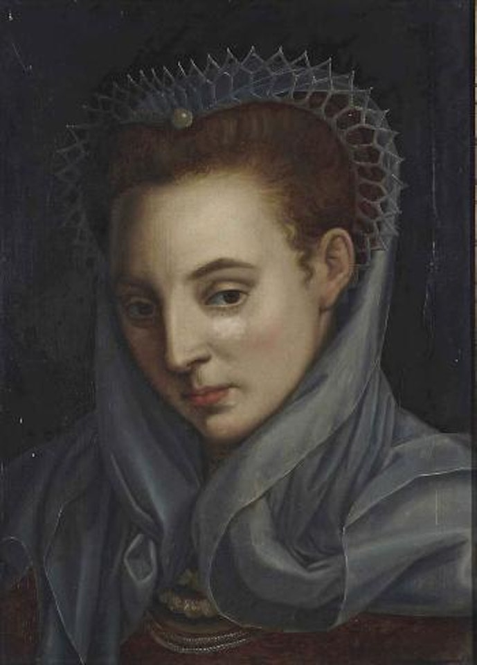 Portrait of a Lady, Bust-length, in an Ochre Dress with a Lace Headdress and Veil by French School