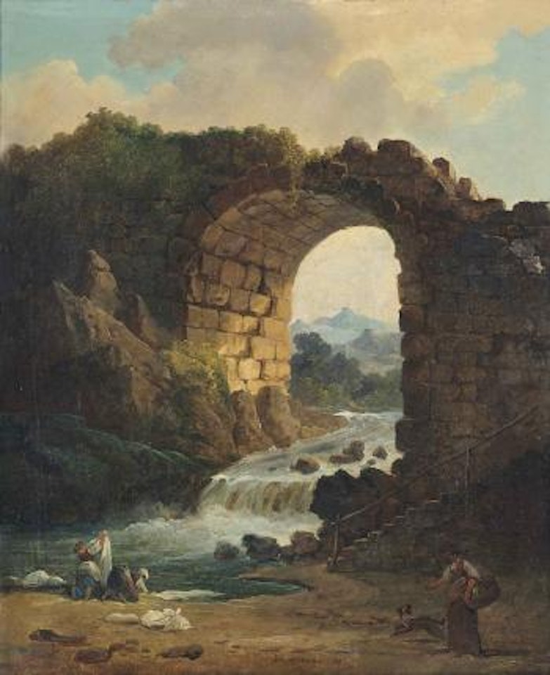 Washerwomen on a Shore before a ruined Aqueduct, a mountainous Landscape beyond by Hubert Robert
