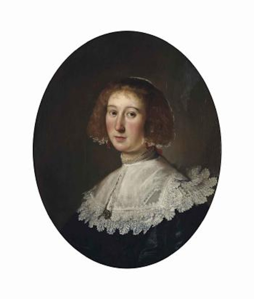 Portrait of a Lady, Bust-length, in a Lace-trimmed Black Dress with a Pearl necklace, earrings and a lace head-dress by Paulus Moreelse