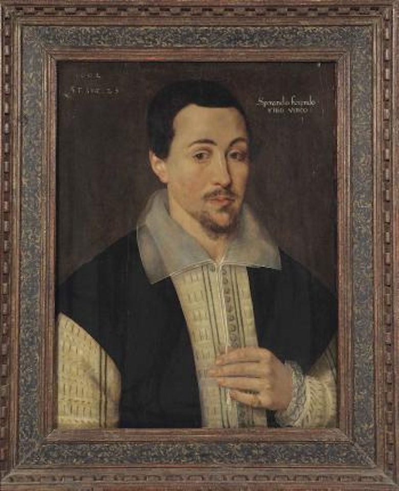 Portrait of a Gentleman, formerly suggested to be William Shakespeare (1564 - 1616), bust-length, in a black Coat with a white Tunic and a golden signet Ring by English School