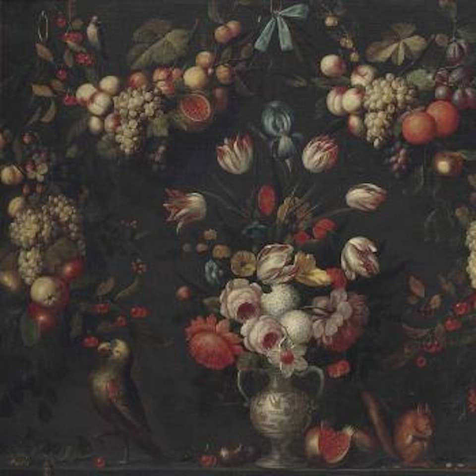 Roses, Hydrangeas, Parrot Tulips and other Flowers in a porcelain Vase, with a Parrot and a Squirrel on a Ledge, surrounded with Garlands of Apples, Pears, Grapes and Pomegranates by Pseudo Simons