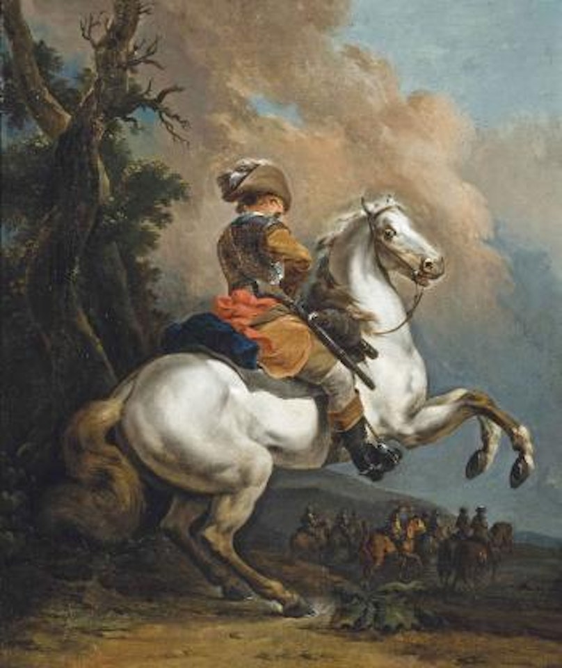 A Soldier in Armour, on a rearing Horse in a Landscape, a Skirmish beyond by Francesco Giuseppe Casanova