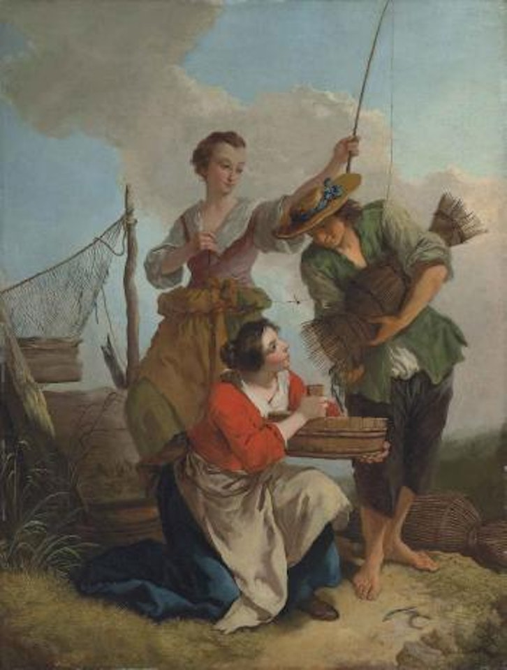 A Fisherman unloading his Catch with two Women, on a Shore by French School