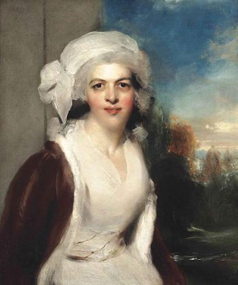 Portrait of Rebecca, Lady Simeon (d.1830), half-length, in a white Dress and Fur Wrap, a wooded Landscape beyond by Sir Thomas Lawrence