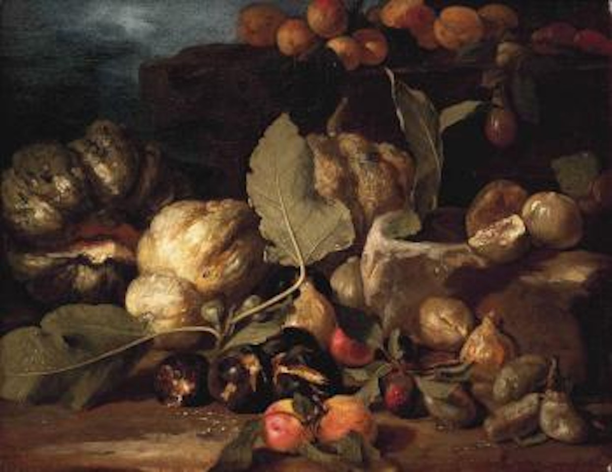 Figs, Melons, Peaches, and Plums on a Step in a rocky Landscape by Roman School