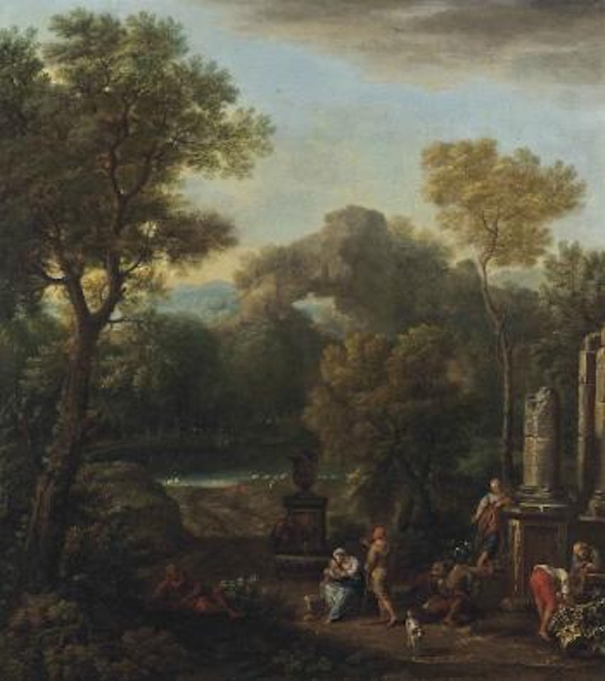 An Italianate River Landscape with Figures conversing before Classical Ruins by John Wootton