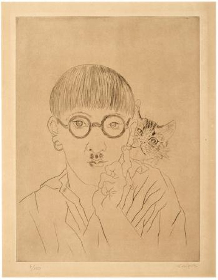 Self-Portrait with Cat on Shoulder by Leonard Tsuguharu Foujita