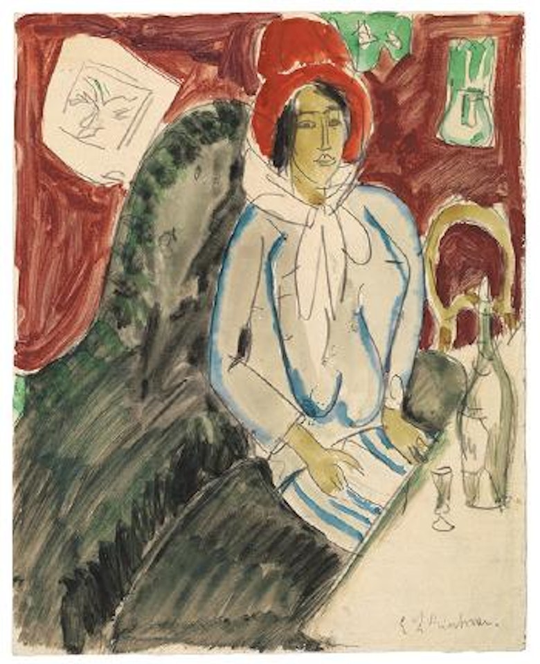 Sitzende Frau mit Hut in einem Restaurant by Ernst Ludwig Kirchner