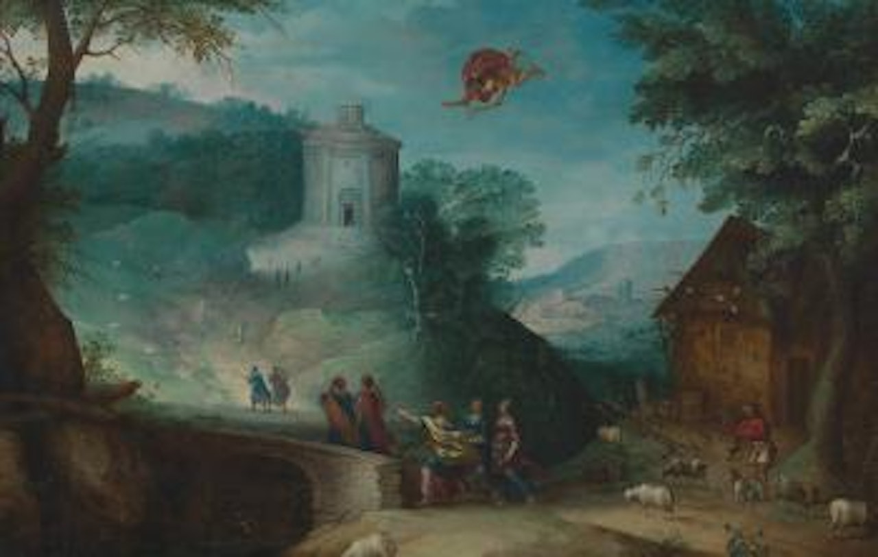 Landscape with Mercury (Hermes) and Herse, Temple of Erichthonius in the Distance by Anton Mirou
