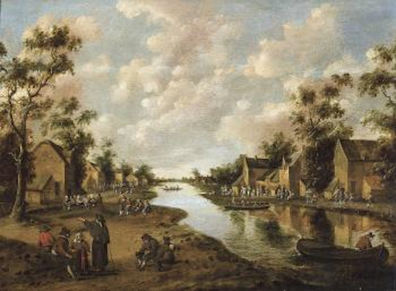 Geanimeerd dorpsgezicht met een rivier by Joost Cornelisz Droochsloot