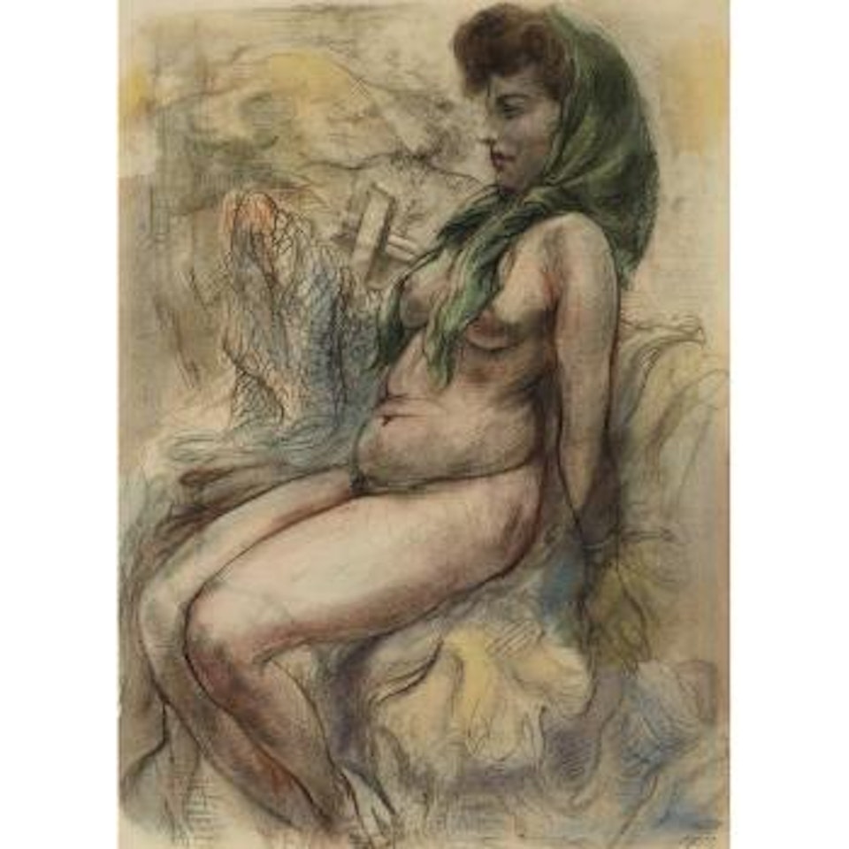 Seated Nude Wearing a Green Headscarf and Standing Female Nude from Behind: A double-sided work by George Grosz