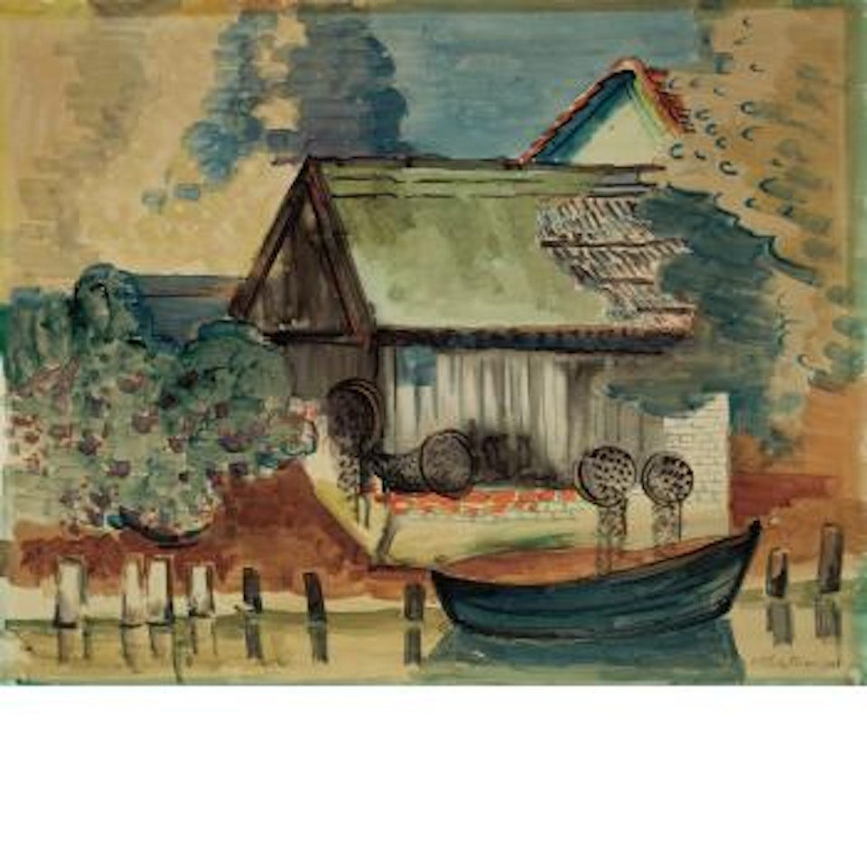 Mill and Rowboat, Possibly in Rowe by Max Pechstein