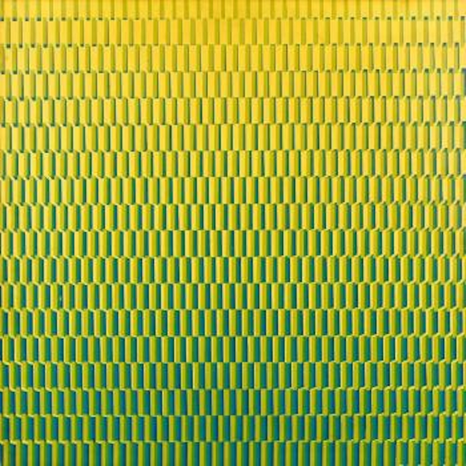 4 trames de tirets du jaune au bleu pivotées sur un côté by Francois Morellet