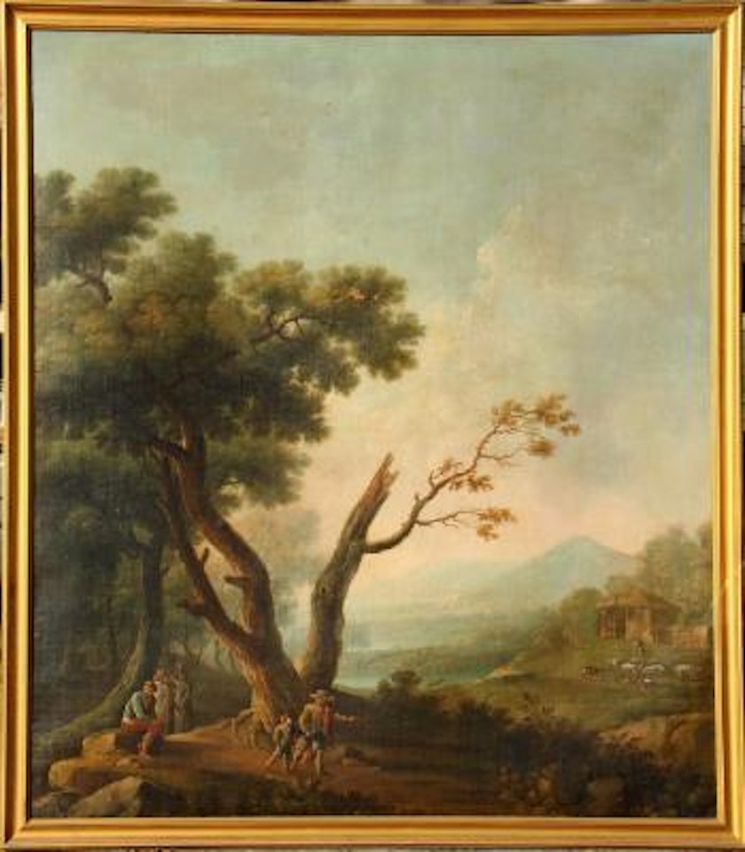 Pastoral country scene Lakeside with travelers, Distant Mountain and Farm with Shepherd by Italian School