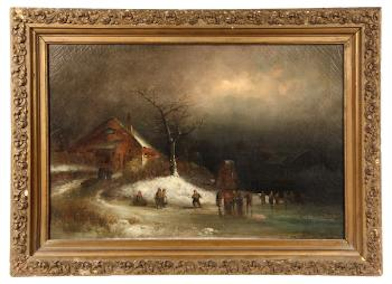 Winter Scene with Figures at Inn on Canal by Anton Doll