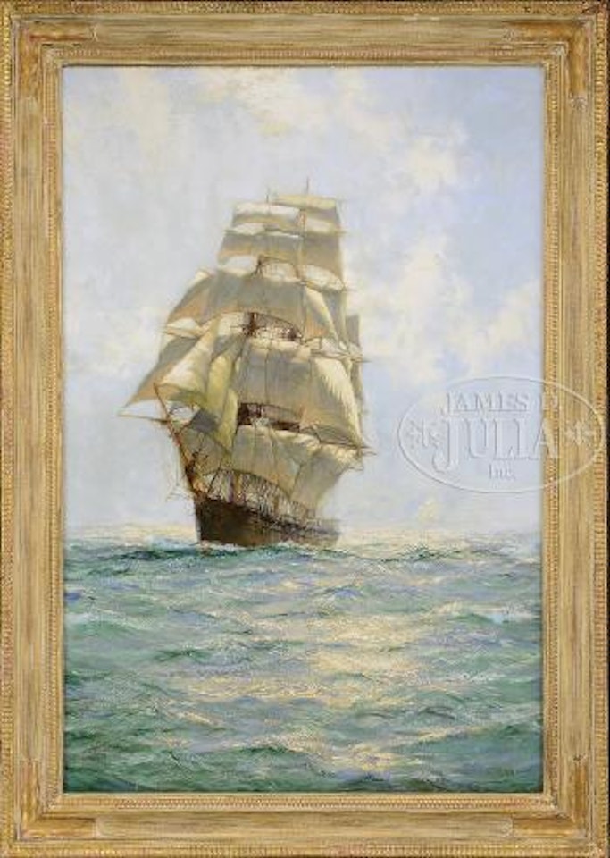 Oncoming tall ship by Montague Dawson