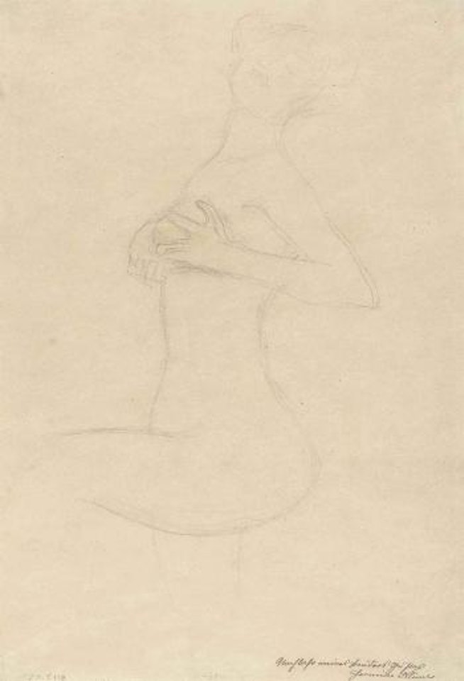 Stehender Frauenakt Mit Erhobenem Linkem Bein, Die Hände An Der Brust by Gustav Klimt
