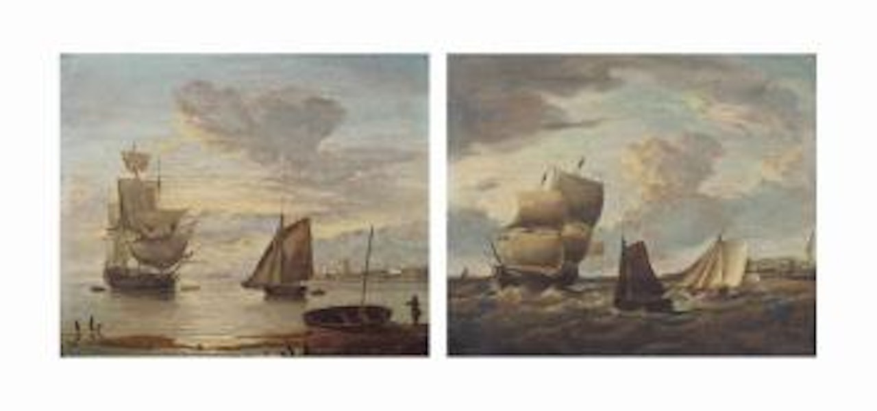 A Royal Navy frigate at Anchor and drying her sails off Sheerness; and A Royal Navy warship and River Craft off the dockyard at Chatham (both illustrated) by Francis Swaine