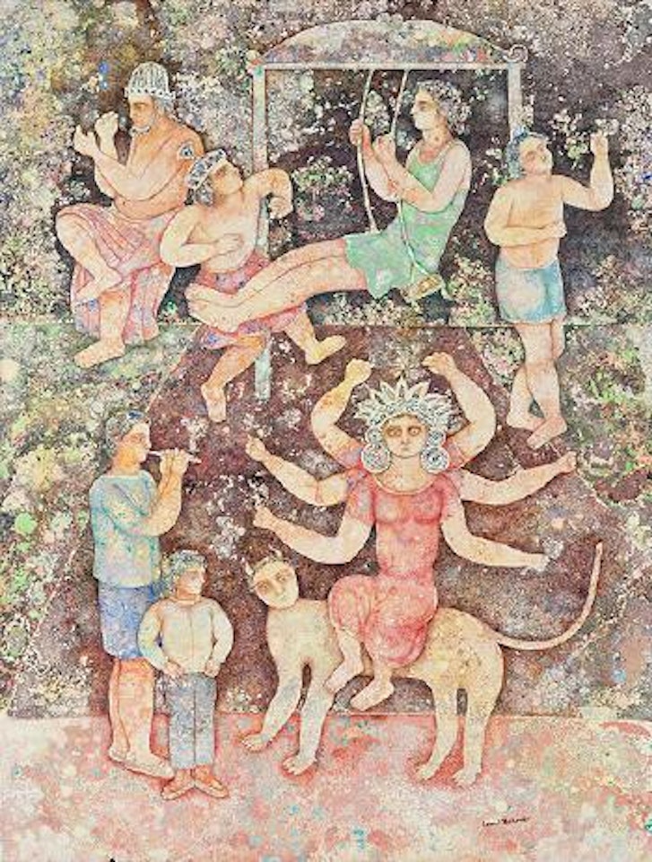 Matthieu playing flute for the goddess by Sakti Burman