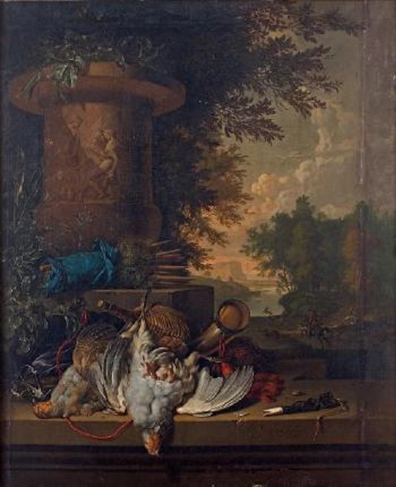 Trophée de chasse devant un paysage by Dirk Valkenburg