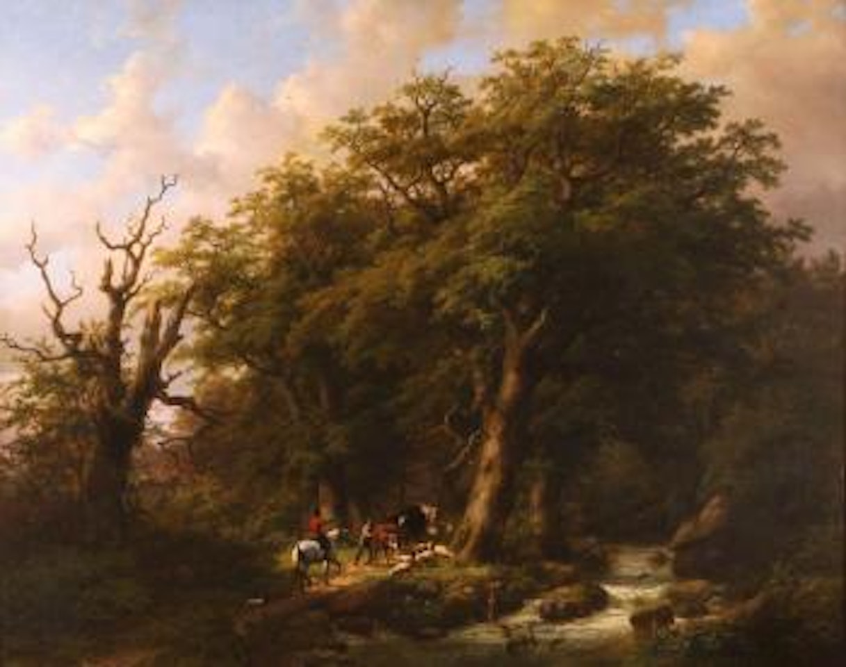 Paysage aquatique boisé avec chevalier et berger au pont by Johann Bernard Klombeck by Eugène Joseph Verboeckhoven