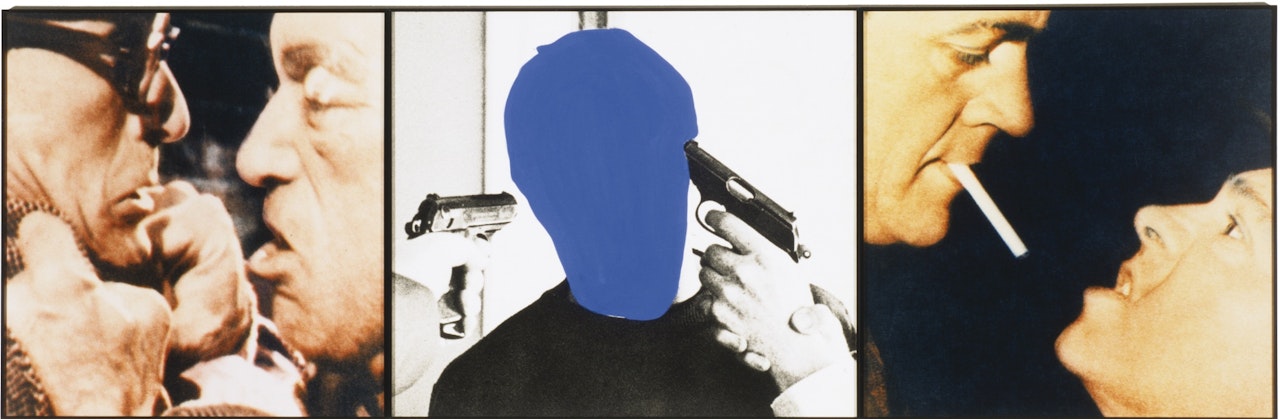 VOIDED PERSON WITH GUNS AT HEAD (FLANKED BY CONFRONTATIONS) by John Baldessari