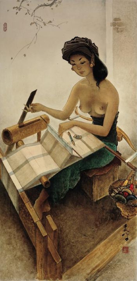 A Balinese Woman weaving by Lee Man Fong