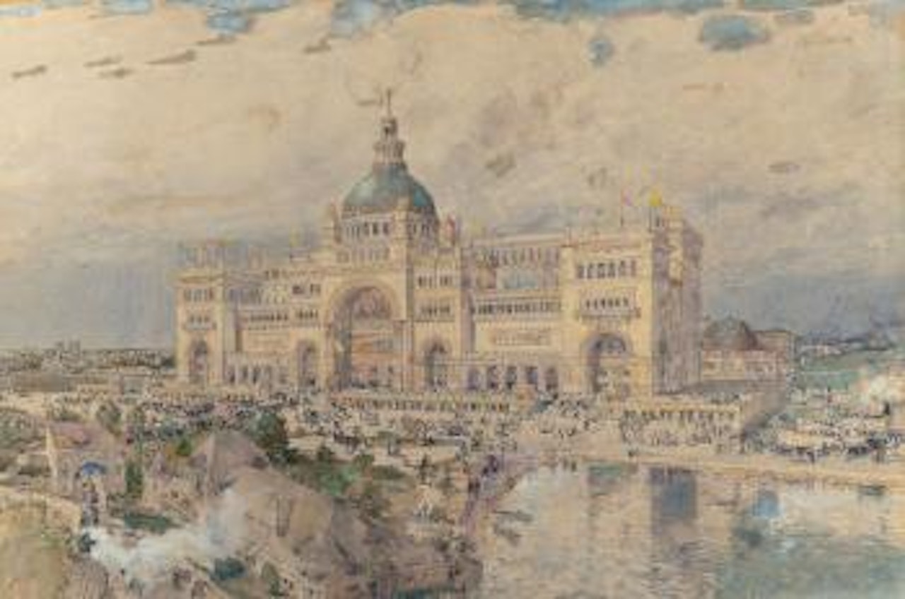 The MacKaye Spectatorium with Iowa Pavillion in Foreground, Columbian Exposition by Childe Hassam