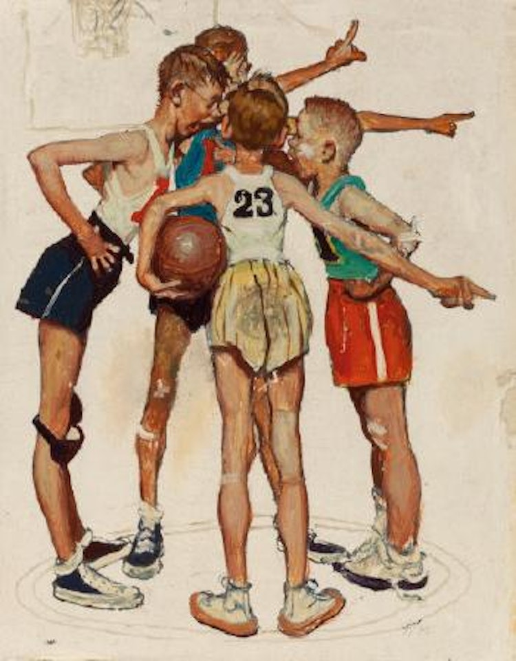 Oh Yeah (Four Sporting Boys: Basketball), preliminary Brown & Bigelow 'Four Seasons' calendar illustration by Norman Rockwell