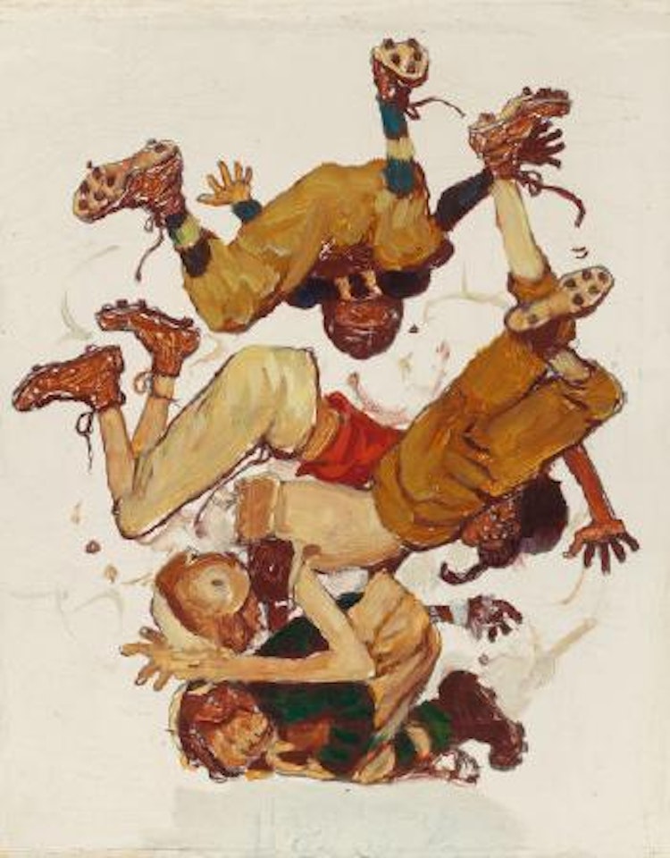 First Down (Four Sporting Boys: Football), preliminary Brown & Bigelow 'Four Seasons' calendar illustration by Norman Rockwell