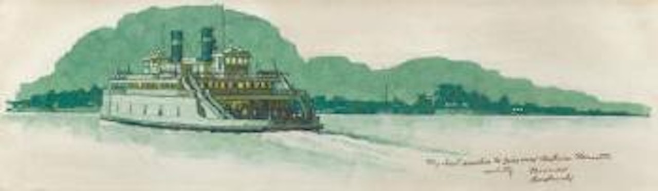 Traveling by Steamboat, probable magazine story illustration by Norman Rockwell