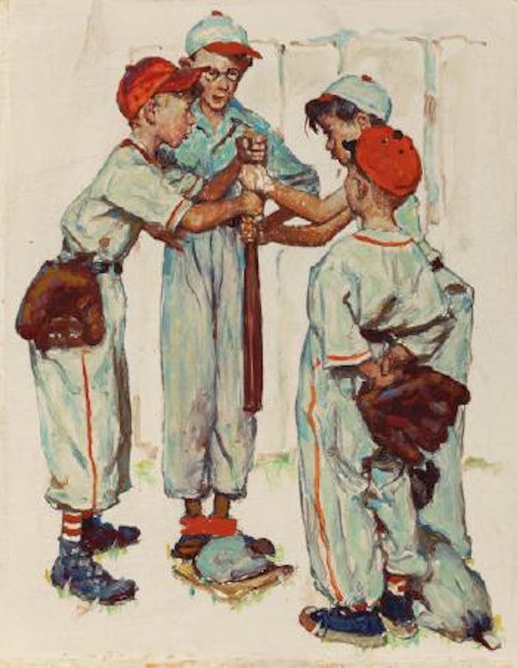 Choosing Up (Four Sporting Boys: Baseball), preliminary Brown & Bigelow 'Four Seasons' calendar illustration by Norman Rockwell
