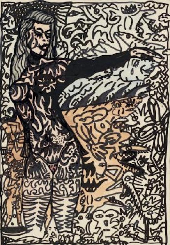 Un possion fishe sur la tête - Elle caresse le paysage animalier à tête humaine by Robert Combas