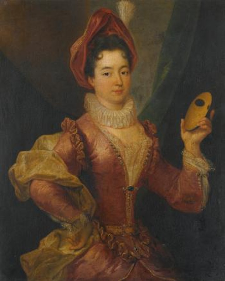 Portrait of a Woman dressed in an elaborate Crimson Dress, holding a Mask by Jean François de Troy