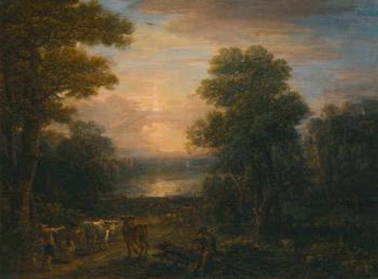 A Wooded Landscape with Shepherds and their Cattle at Sunset; A Wooded River Landscape with Fishermen hauling in their nets by John Wootton