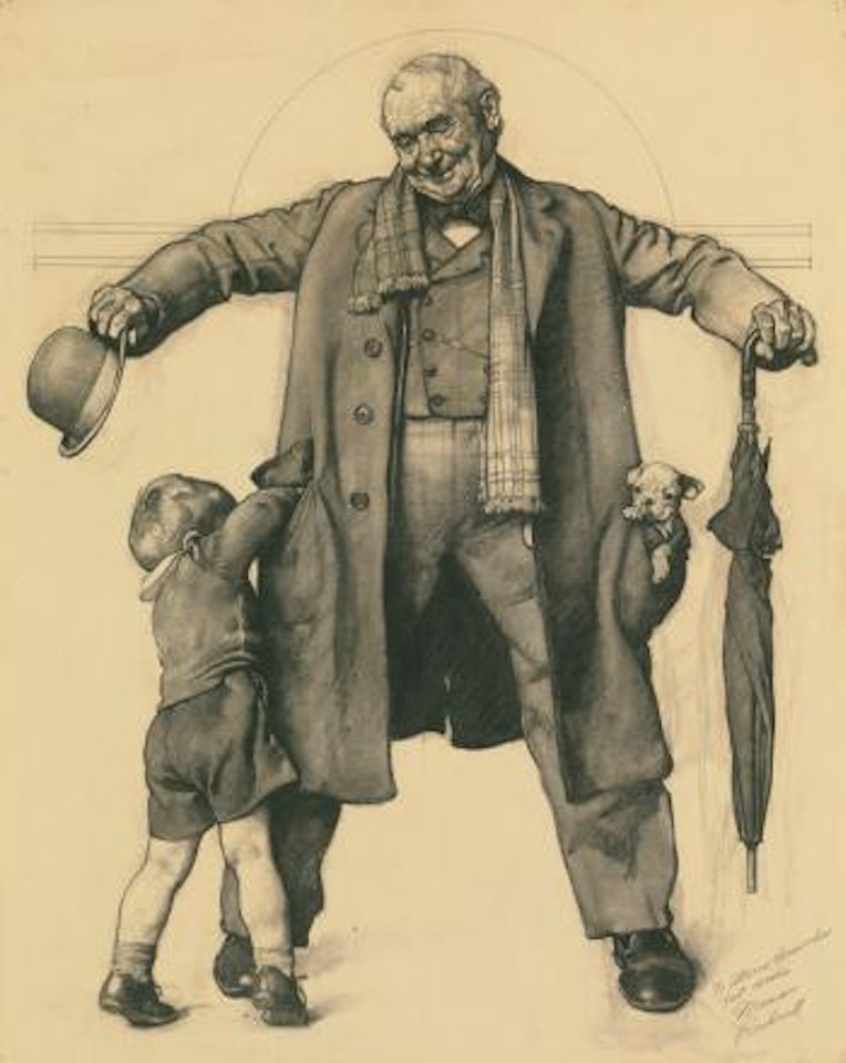 Study for Little Boy reaching into Grandfather's Overcoat (Grandpa's Surprise; Puppy in The Pocket; The Gift) by Norman Rockwell