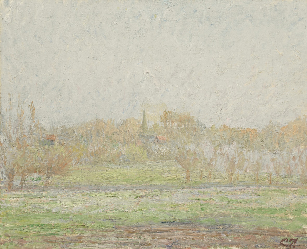 VUE DE BAZINCOURT, BROUILLARD by Camille Pissarro