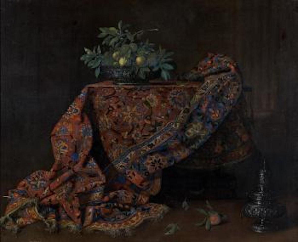 Nature morte au tapis iranien et à la coupe de fruits by French School