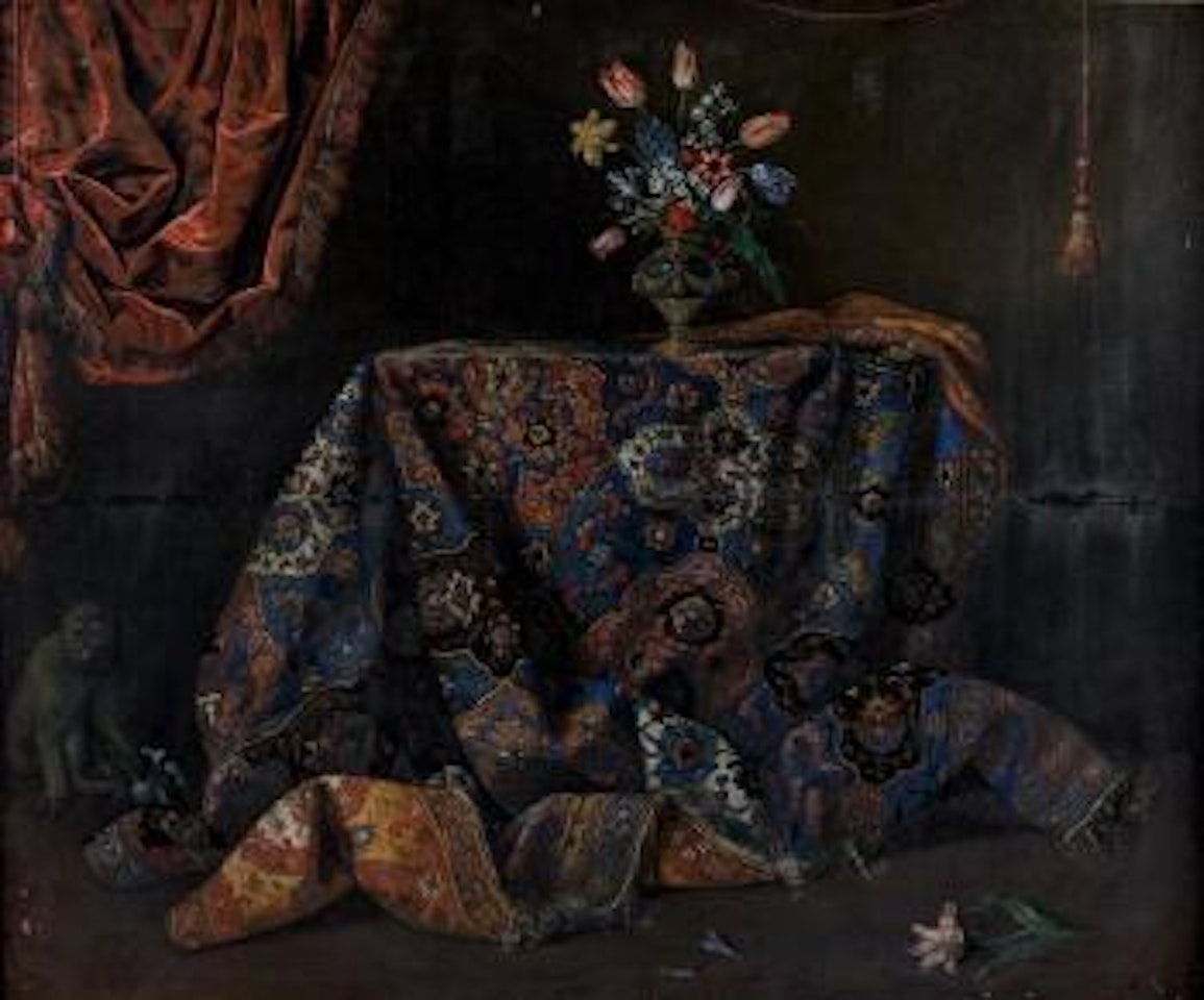 Nature morte au tapis iranien, au vase de fleurs et au singe by French School
