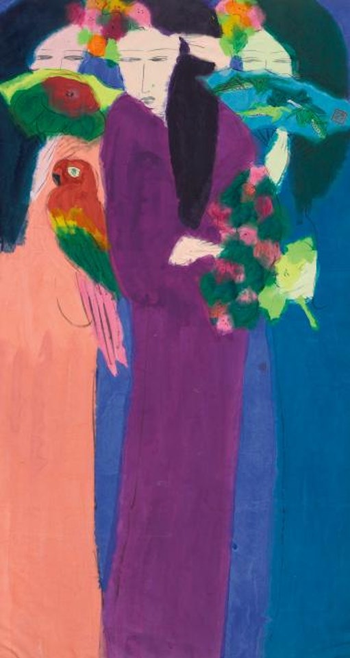 Three Women With Fans And A Parrot by Walasse Ting