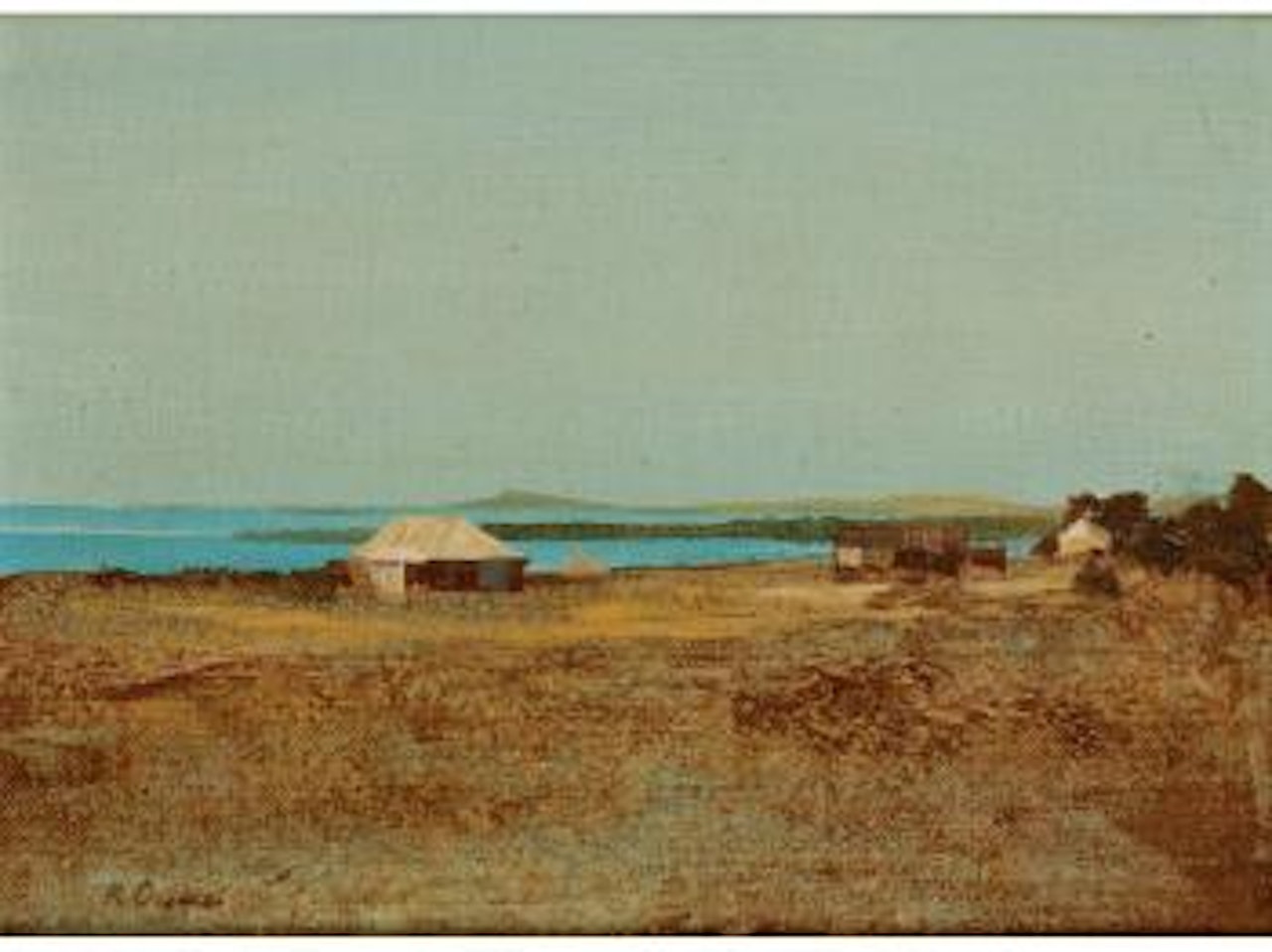 A coastal landscape with huts on the beach by Ray Austin Crooke