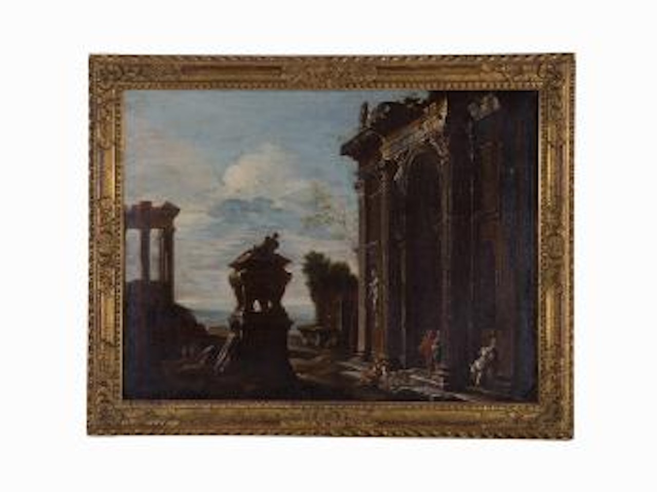 Capriccio of a Ruined Corinthian Temple with Figures by Italian School