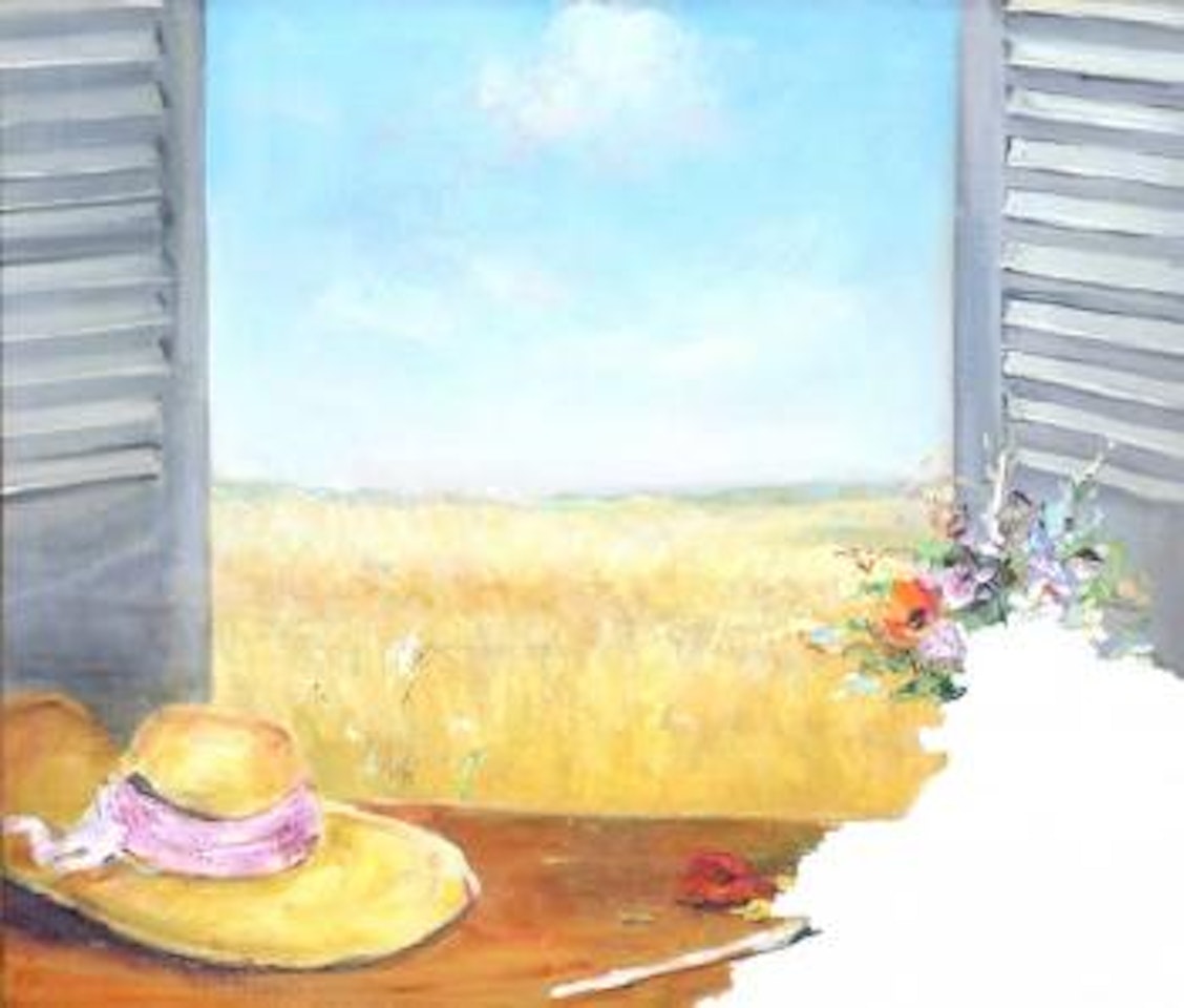 Bouquet et Devant la Fenetre Ouverte Sur Champ de Ole" ( Bouquet of Flowers by an Open Window Next to a Wheat Field) by Marcel Dyf